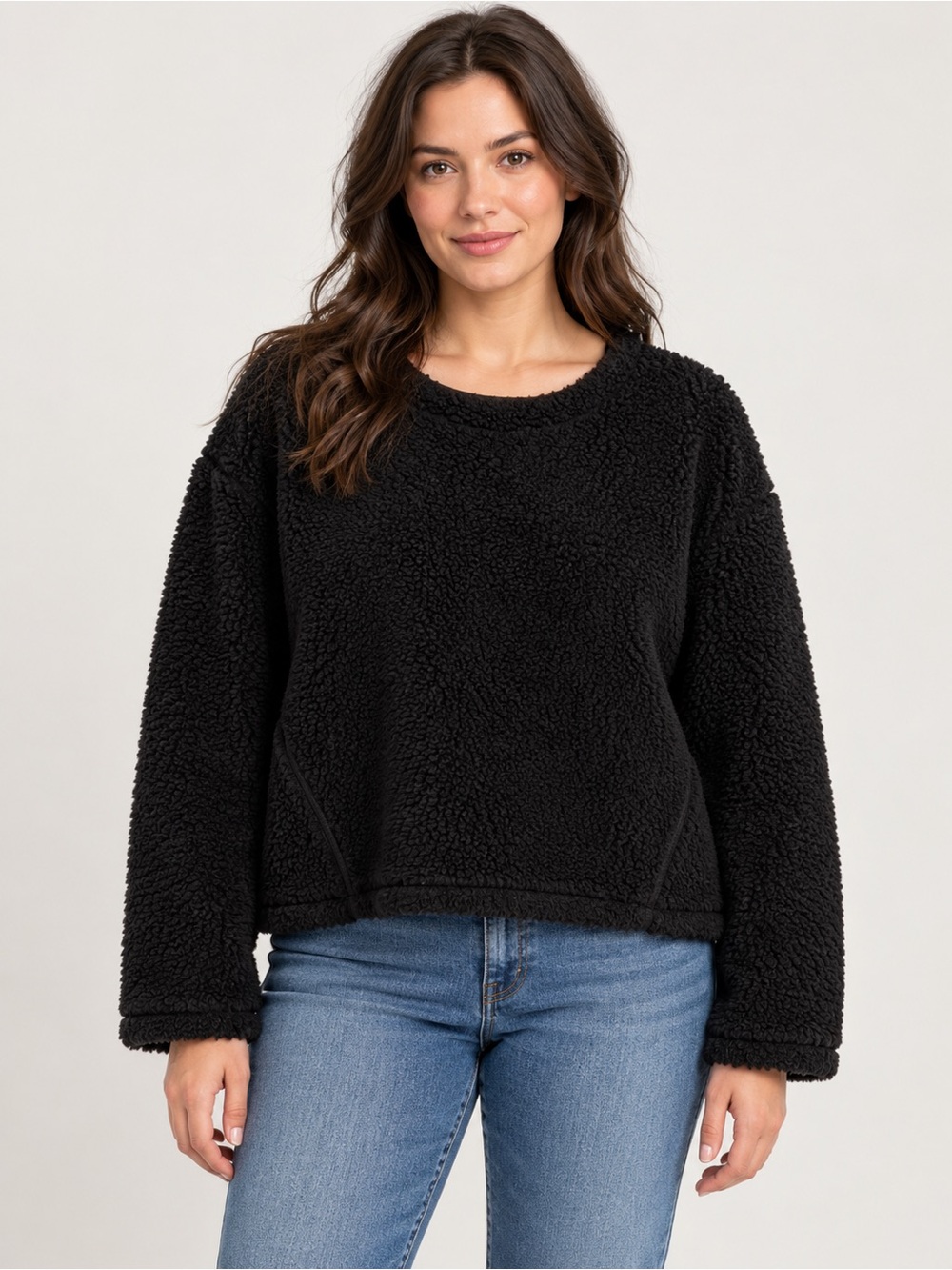Lululemon Size 10 Black Sherpa Fleece Wool Blend Crewneck Pullover Sweater